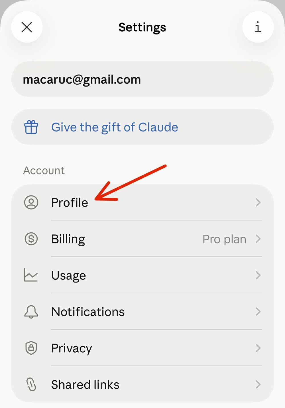 Настройки Claude: раздел Account с пунктами Profile, Billing, Usage