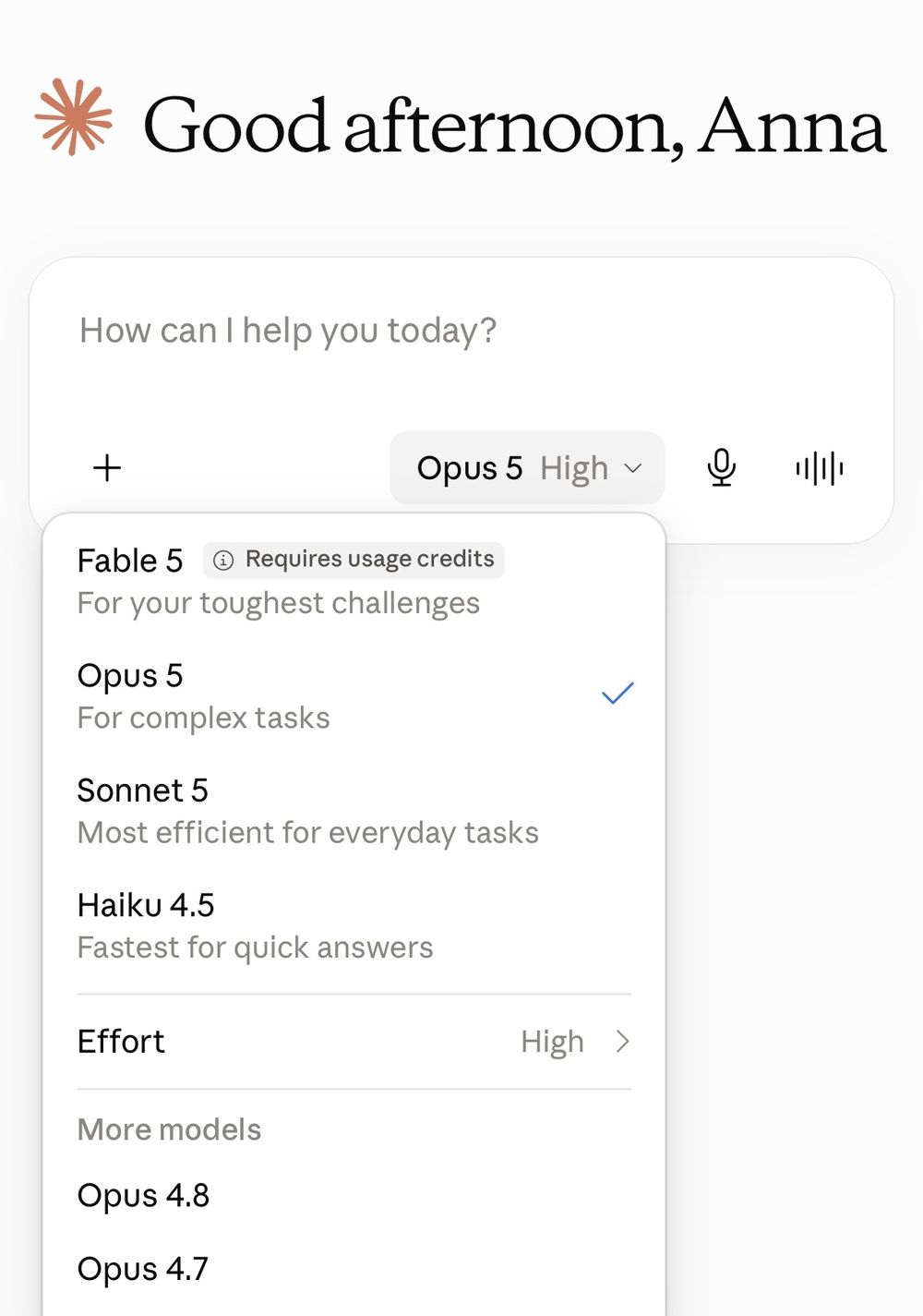 Меню выбора модели в Claude: Fable 5, Opus 5, Sonnet 5, Haiku 4.5 и уровень усилий Effort