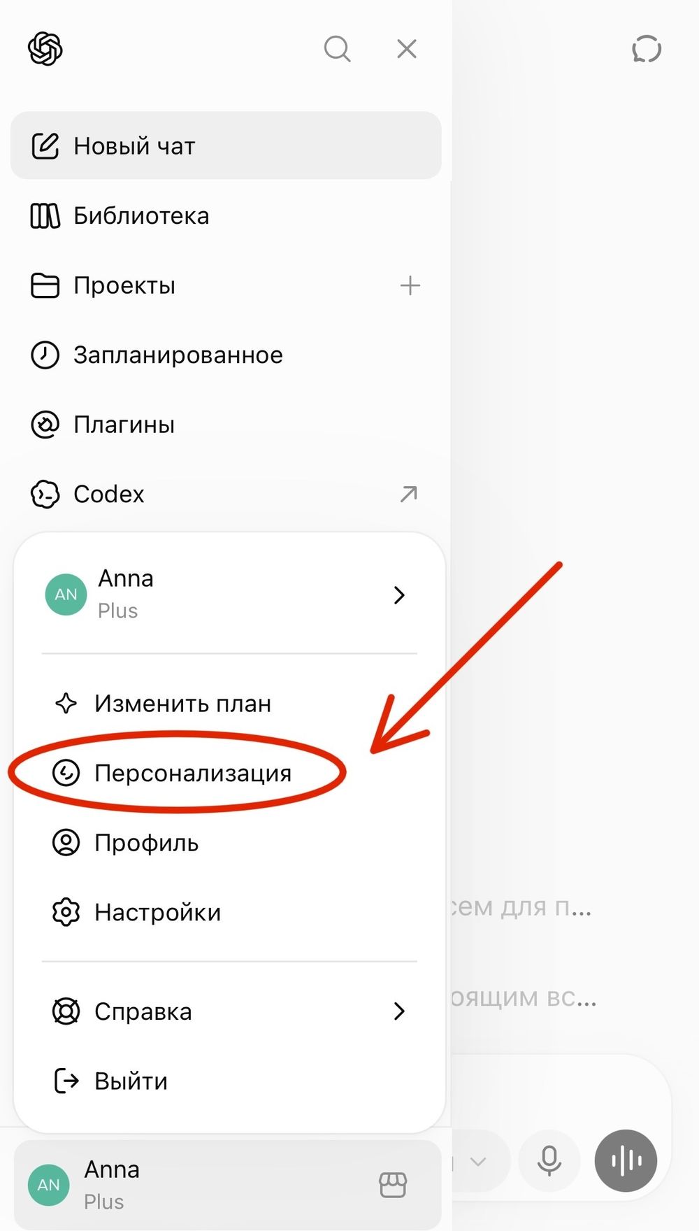 Боковое меню ChatGPT, пункт «Персонализация»