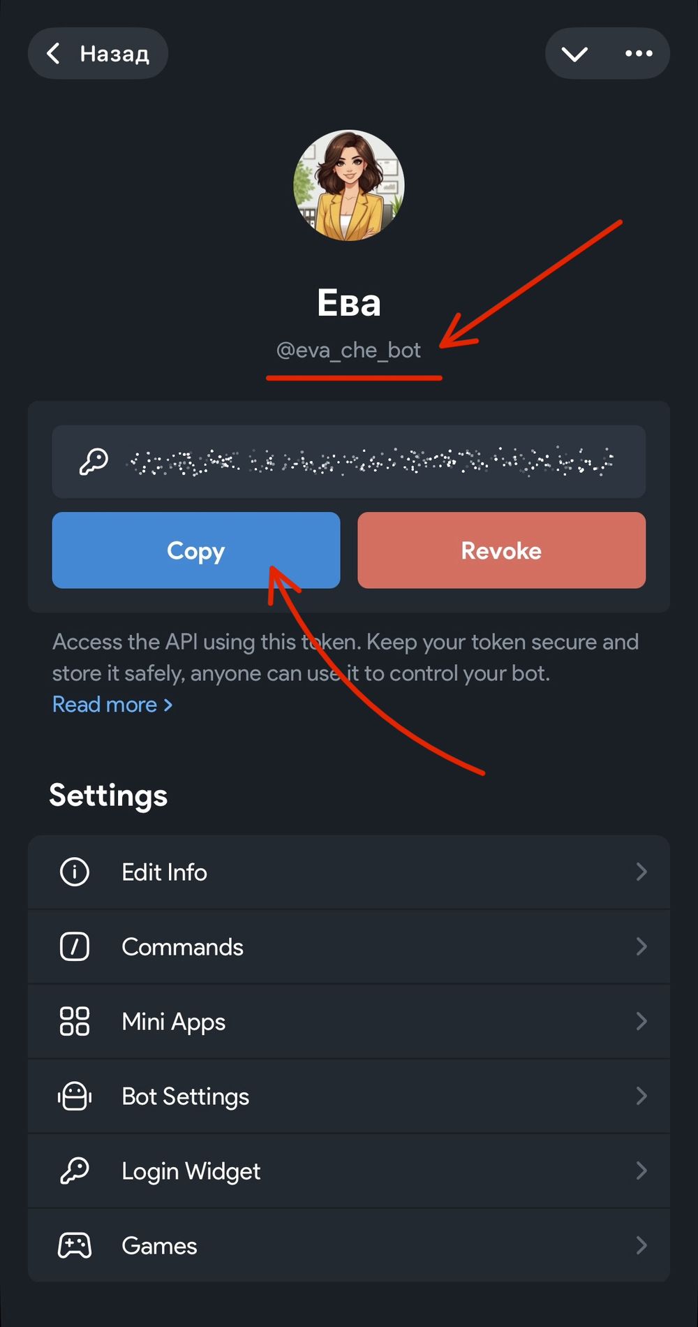 Карточка бота с токеном, кнопками Copy и Revoke и разделом Settings